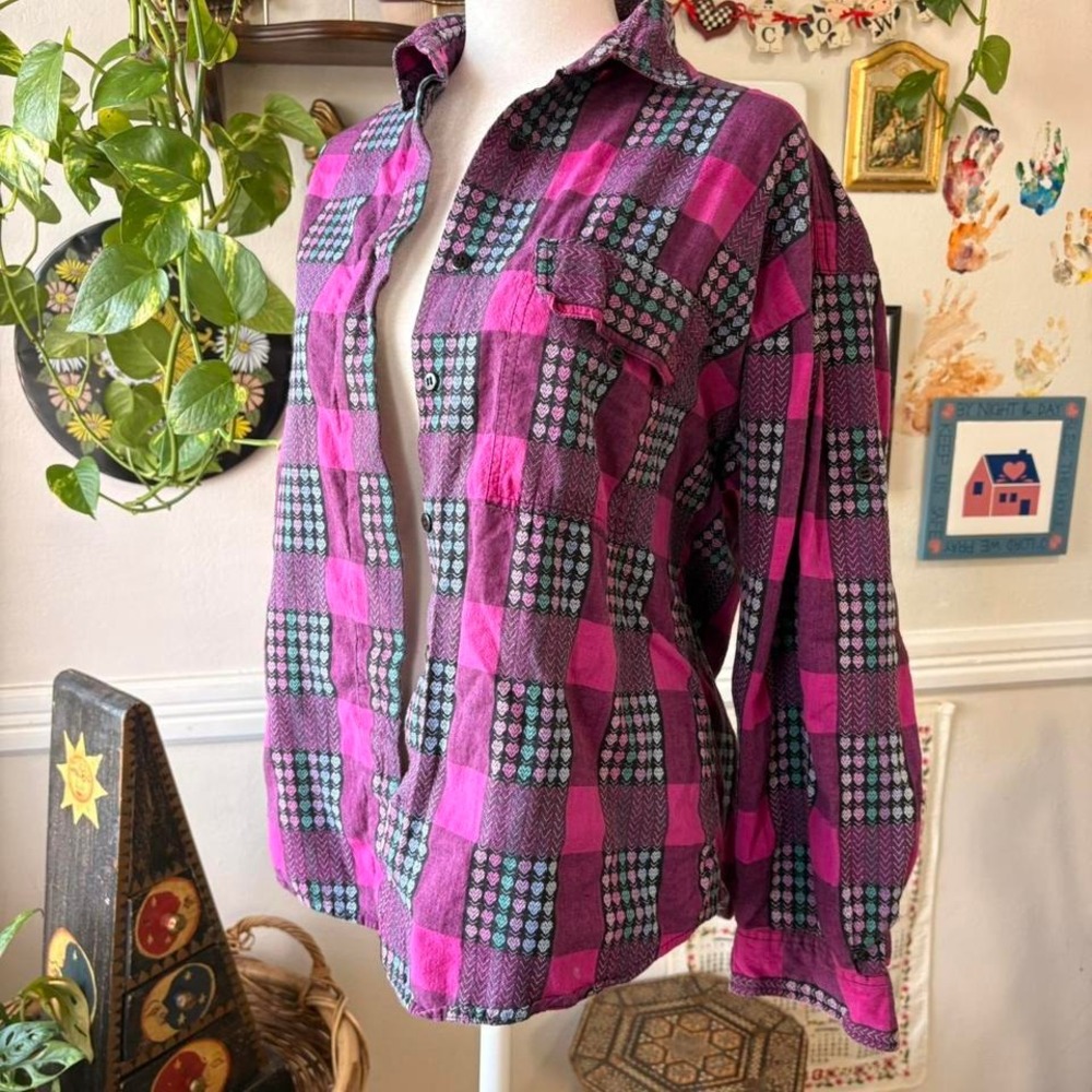 Vintage 90s Gingham Plaid Heart Embroidery Flannel Button Up Size L Prairie